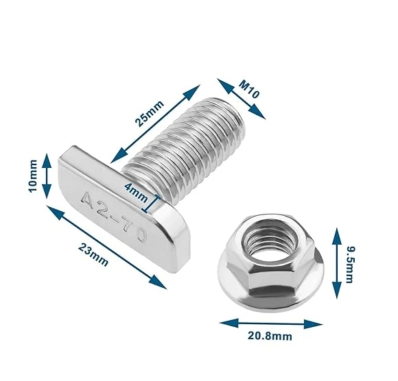 Stainless Steel Hammer Head Screws M10X25 with M10 Flange Nuts Stainless Steel PV Profiles Hammer T Bolt for Solar Panel Photovoltaic Mounting System