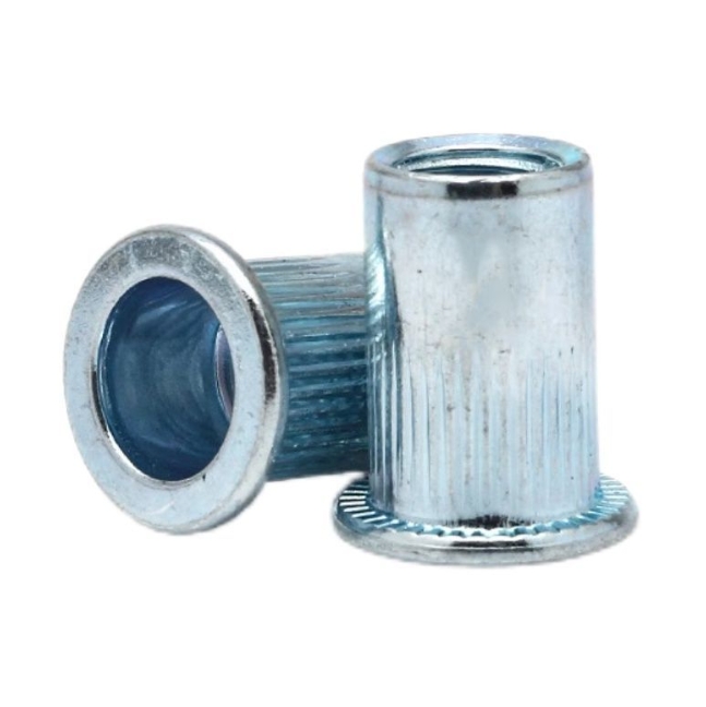 Carbon Steel Flat Head Knurled Body Thin Wall Ribbed Blue Zinc Rivet Nut