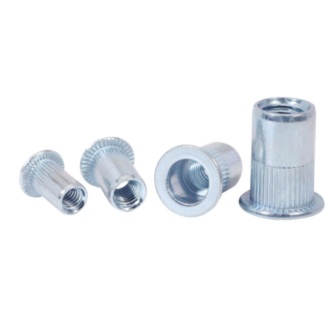 Carbon Steel Flat Head Knurled Body Thin Wall Ribbed Blue Zinc Rivet Nut 2