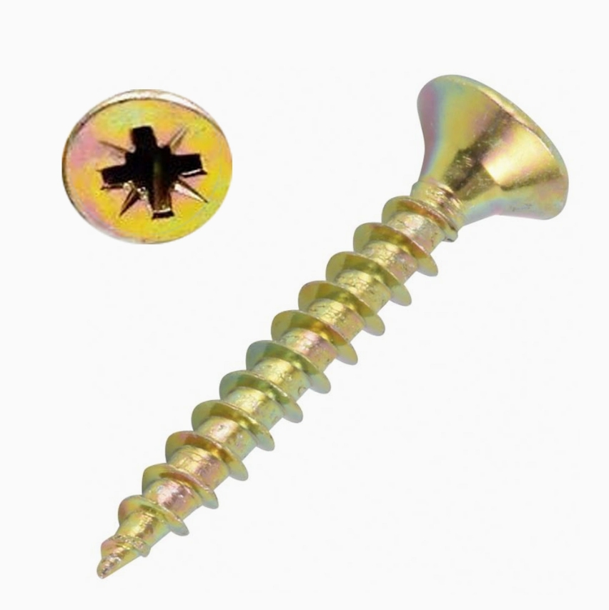Yellow/Gold Zinc Plated Csk Head Pozidrive DIN7505 Full/ Half Thread Chipboard Screw 4